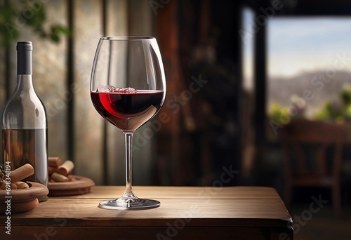 Glass of red wine and bottle on wooden table in restaurant, closeup