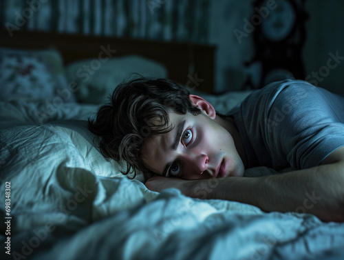 Restless and distressed, a young Caucasian man struggles with insomnia and sleep-related issues, anxiously gazing at the clock during sleepless nights