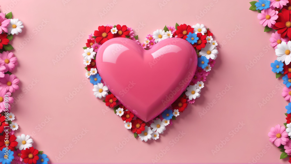 A pink heart surrounded by flowers on a pink background