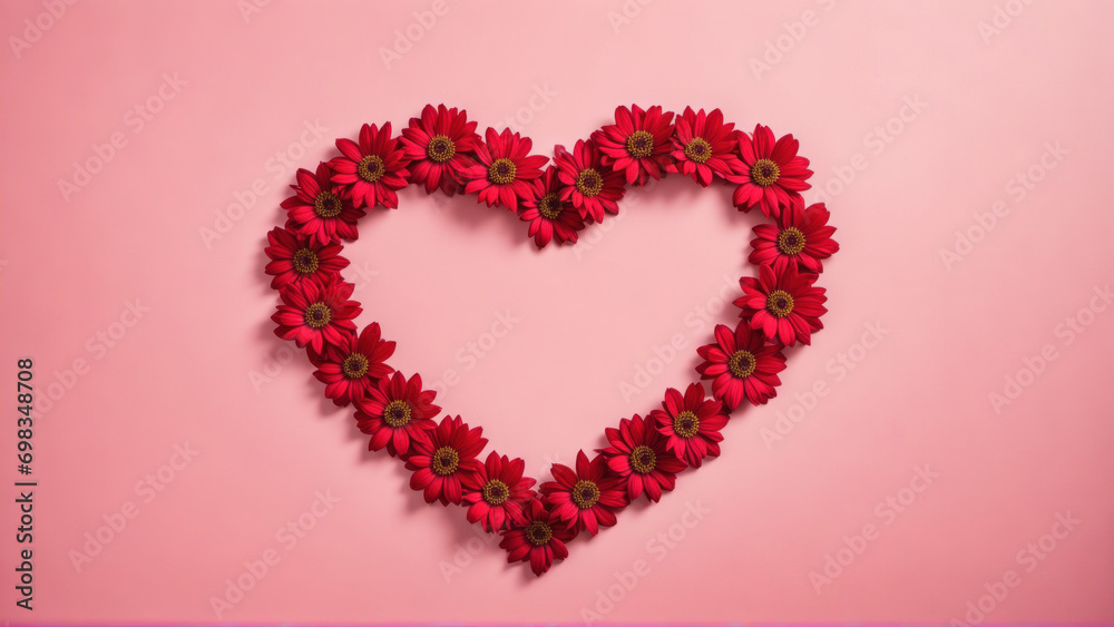 A heart made of red flowers on a pink background