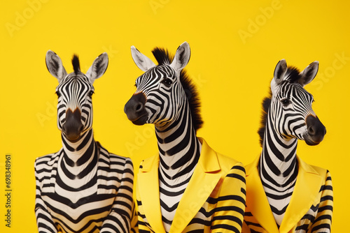happy zebras wearing clothes on bright solid yellow background