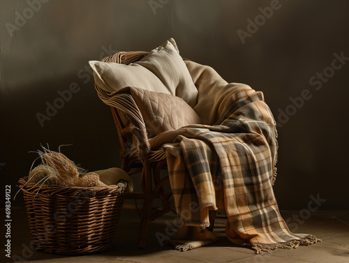 A comfortable chair with various items including plaid, blanket, bedding, sheets, pillow, cushion, and duvet made of natural materials. Plenty of copy space.