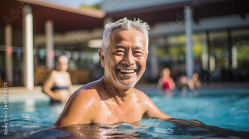 active asian senior in a pool © Ng