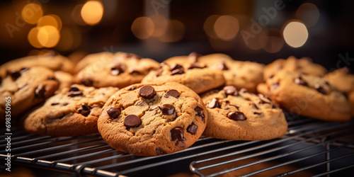freshly baked cookies on cooling rack chocolate cookies flat lay delicious chocolate chips cookies. AI Generative 
