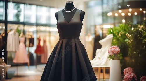 Elegant women's black midi dress on a mannequin in a window display in a shopping center. Little black dress