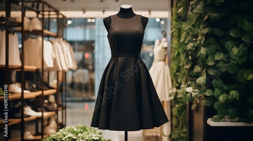 Elegant women's black midi dress on a mannequin in a window display in a shopping center. Little black dress photo