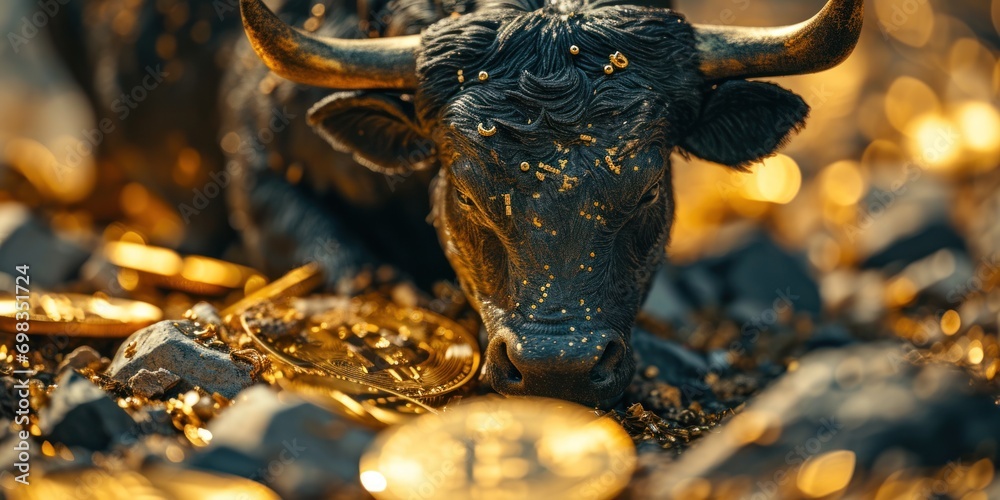 bull financial bitcoin or crypto market concept in gold and black color - obrazy, fototapety, plakaty 