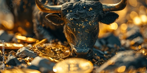 bull financial bitcoin or crypto market concept in gold and black color photo