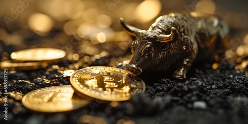 bull financial bitcoin or crypto market concept in gold and black color photo