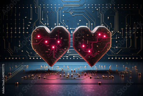 Circuit board cyber network connects two hearts and symbolizing love