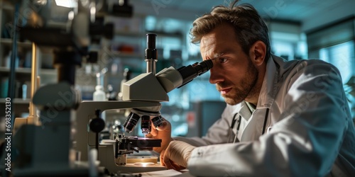 Doctor at the clinic looking at microscope equipment research treatment