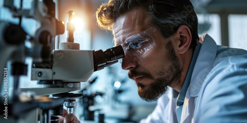 Doctor at the clinic looking at microscope equipment research treatment