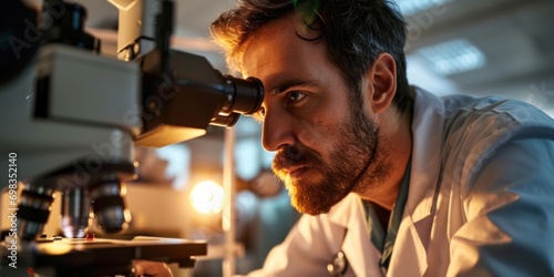 Doctor at the clinic looking at microscope equipment research treatment