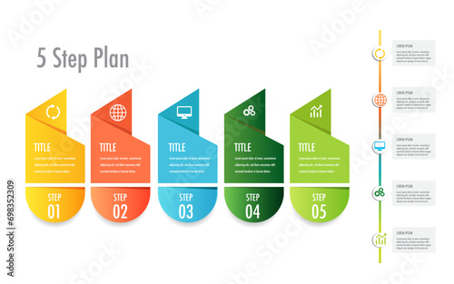 infographic template 5 step for business direction, marketing strategy, diagram, data, glowth, timeline, for presentation report and progress photo