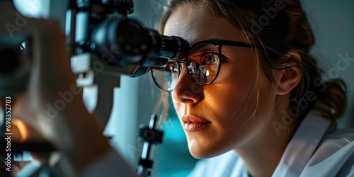Female doctor at eye clinic with futuristic eye examination equipment doing eye testing and vision treatment