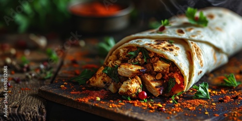 fresh grilled chicken wrap roll with flying ingredients and spices hot ready to serve