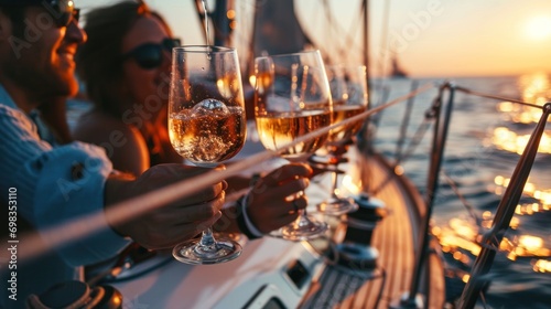 Happy friends clink wine glasses and sail on a yacht. Summer, vacation, travel, sea, vacation. photo