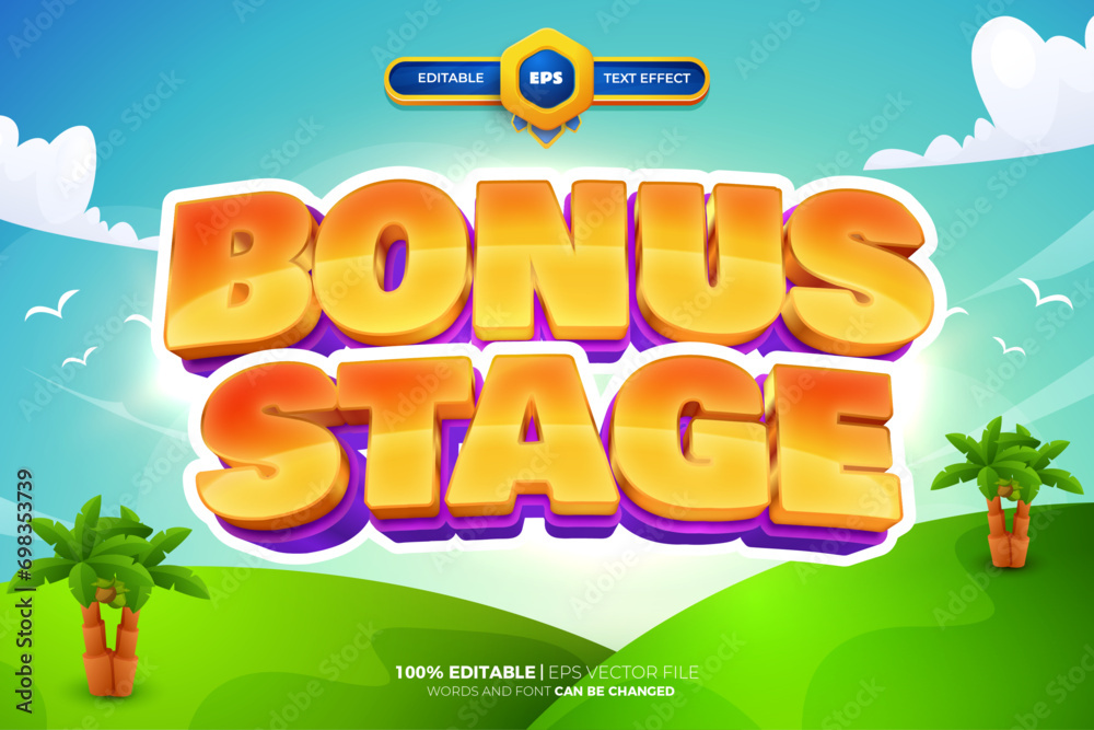 Bonus Stage game adventure tittle 3D cartoon Editable text Effect Style