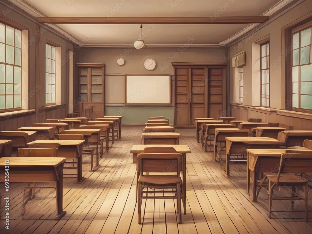 Vintage wooden lecture chairs and tables in classroom interior.