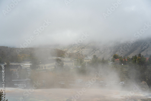 Moody, hotels view, foggy hot spring pool, Mammoth Hot Springs, Yellowstone National Park