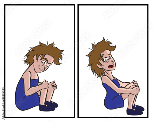 Female character sitting in the fetal position that suggests feelings of despair or anxiety. Vector illustration on transparent background-01.