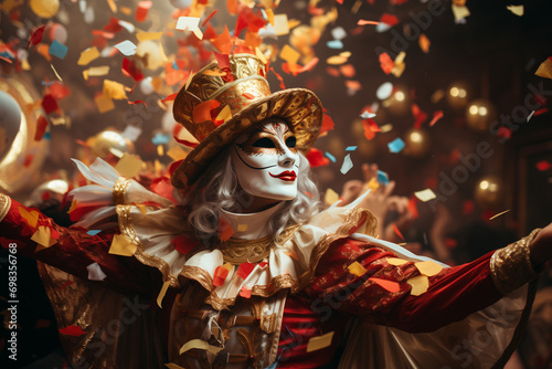 Celebrating Carnival with Masks and Circus Shows, Italian Carnival Masked Individual Adds Energy to the Streets, Infusing a Spirited Atmosphere