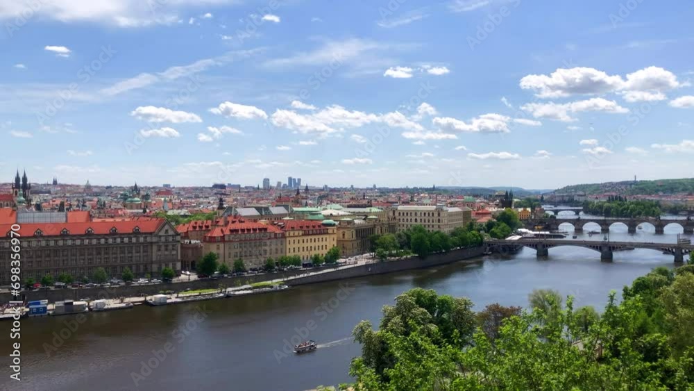View of the city skyline of Prague Old Town and the Vltava river. Prague, Czech Republic.