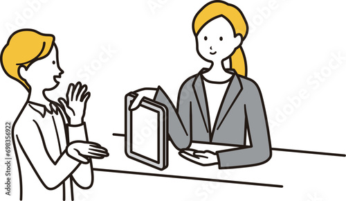タブレットを持って説明をしている窓口の女性とお客の男性のイラスト素材