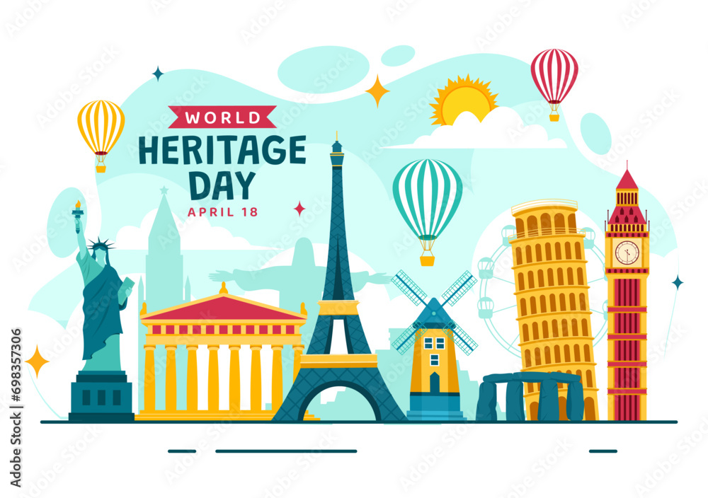 World Heritage Day Vector Illustration on 18 April for Commemorative Monuments and Sites from Various Countries in Flat Background