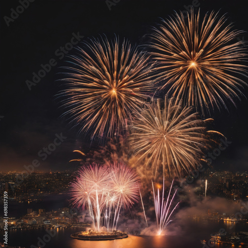 New Year Fireworks, background panorama, firework pyrotechnics and sparklers on dark black night sky texture., colorful, fireworks, beautiful, night sky, sparkle, light, event