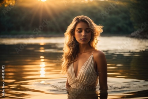 Beautiful Young Cute Girl In The Water Lake Backlit Hair Glow Portrait
