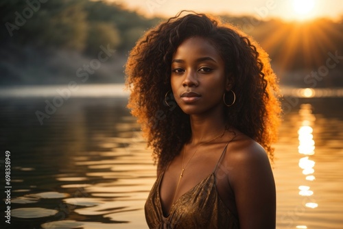 Beautiful African American Young Cute Girl In The Water Lake Backlit Hair Glow Portrait © Hashen