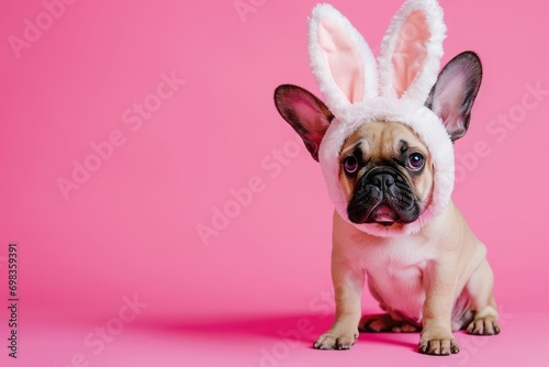 Happy dog with bunny ears for Easter, Banner for your advertisement, Easter bunny, happy Easter. © Nijieimu