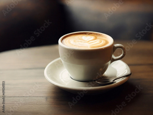 Coffee cup on wooden table in coffee shop, stock photo. Created using generative AI tools