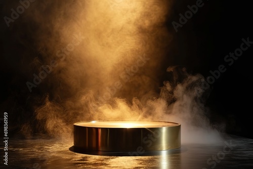 Gold podium on dark background with smoke. Empty pedestal for award ceremony