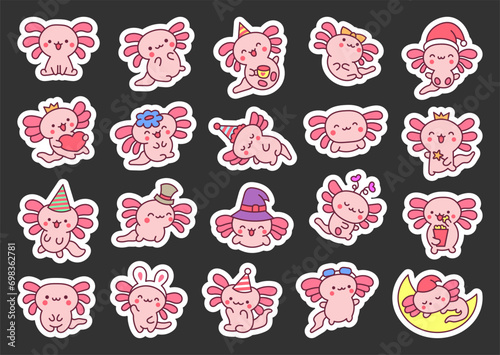 Cute kawaii little axolotl. Sticker Bookmark. Smiling nice cartoon animal character. Hand drawn style. Vector drawing. Collection of design elements.