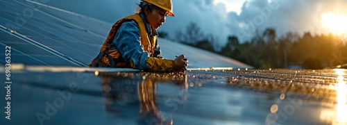 Asian engineer employed by a floating solar power plant dedicated to sustainable energy.