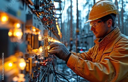 Before energy is commissioned, an energy engineer examines the electrical substation's contemporary equipment. . photo