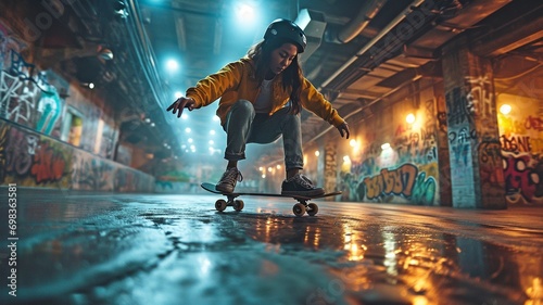 Asian female skateboarder performing tricks Urban exercise interior lifestyle of leaping in the underground garage.