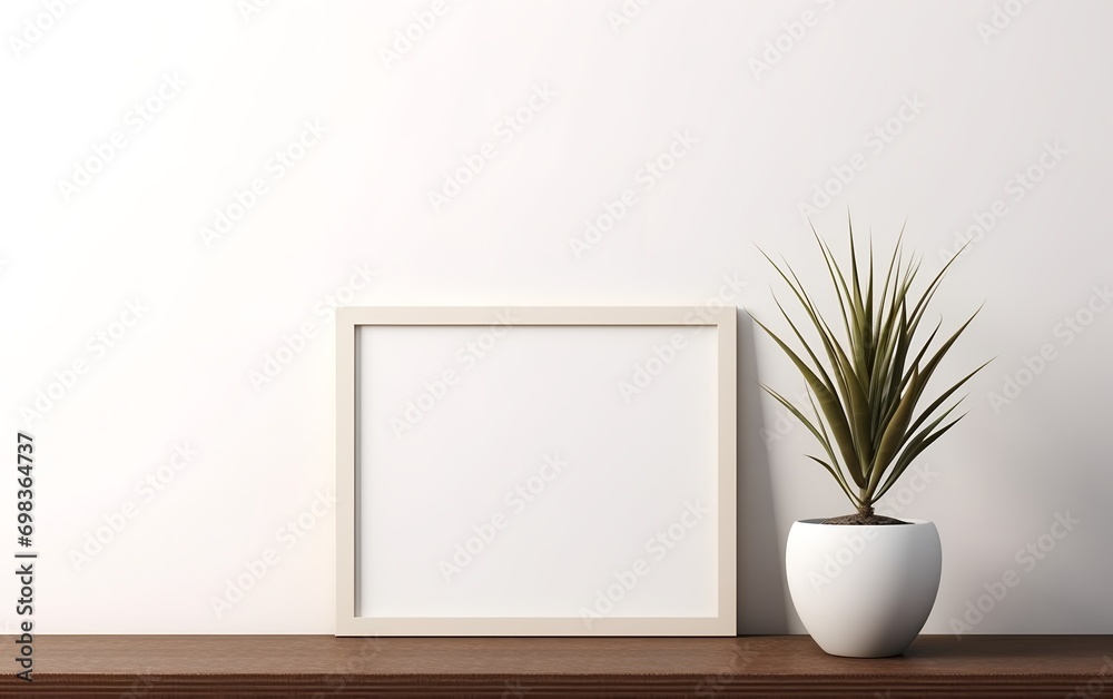 Blank frame and indoor plant with copy space on table top. Minimalism interior design. For product, wallpaper, advertising, and marketing material mockup.