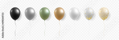 3D realistic helium balloons set. Isolated on transparent background. Wedding anniversary, Valentine, Birthday party design, Festival decoration. Glossy metallic golden balloon. Vector illustration.