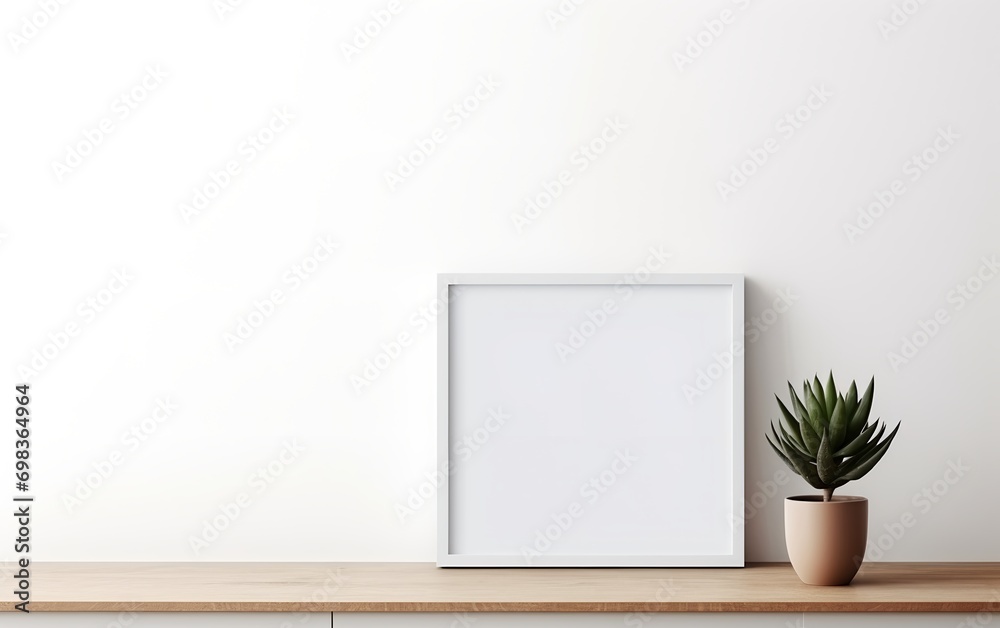 Fototapeta premium Blank frame and indoor plant with copy space on table top. Minimalism interior design. For product, wallpaper, advertising, and marketing material mockup.