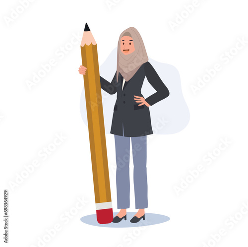 Creative Artistic. Muslim Woman in hijab with Large Pencil.