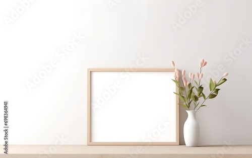 Blank frame and indoor plant with copy space on table top. Minimalism interior design. For product, wallpaper, advertising, and marketing material mockup. © Harry