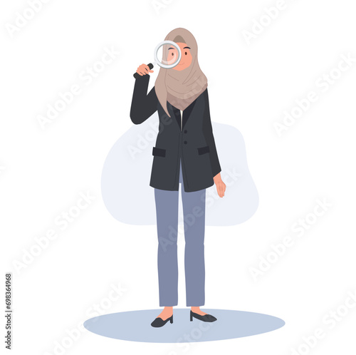Muslim Woman in Hijab Examining with Magnifying Glass
