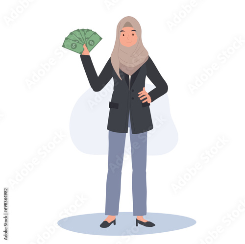 Financial Success concept. muslim Woman in Hijab Holding Money Fan