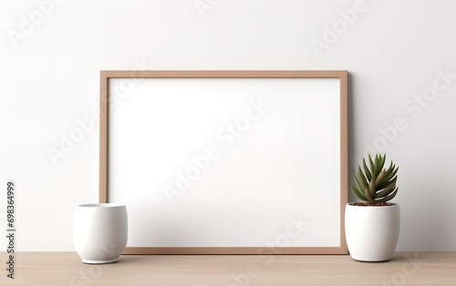 Blank frame and indoor plant with copy space on table top. Minimalism interior design. For product, wallpaper, advertising, and marketing material mockup.