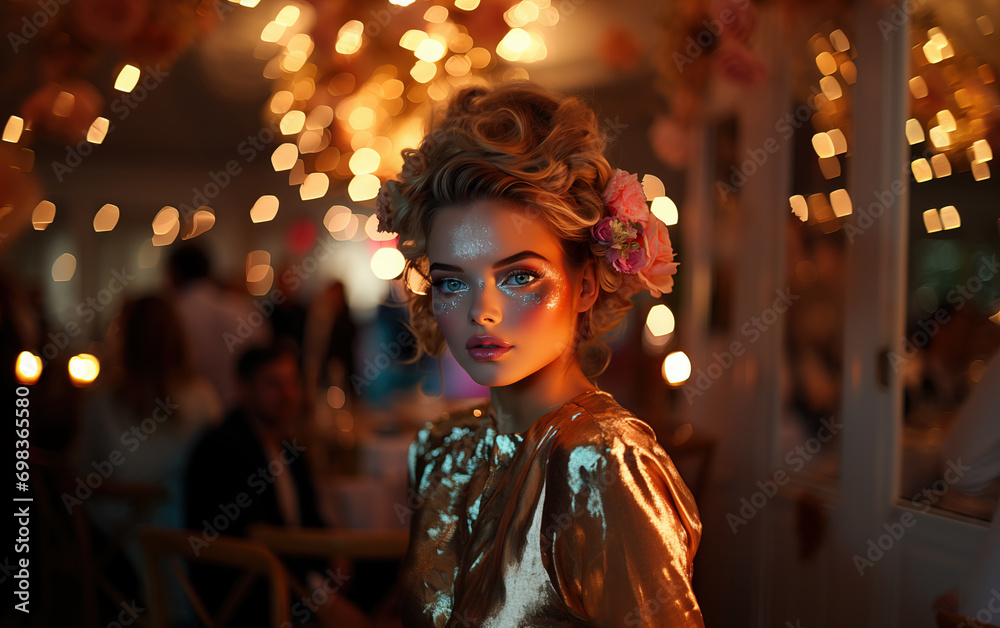 Young Woman in Golden Evening Dress with Glitter Makeup at an Event