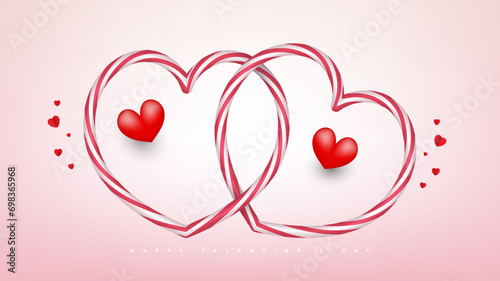Couple hearts candy striped crossed decorative with heart balloons on pink background. Vector illustration.