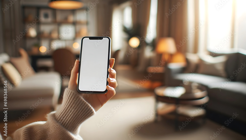 Mockup image of a woman's hand holding smartphone with blank white screen in the living room - obrazy, fototapety, plakaty 